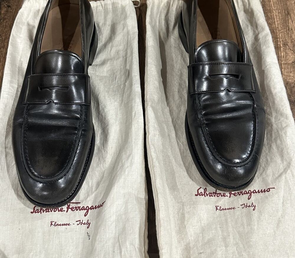 Salvatore Ferragamo Mens Black Leather Penny Loafers Made in Italy Size 8.5 D